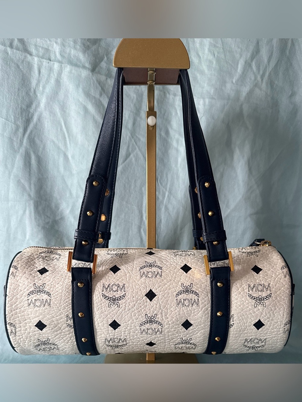 MCM Authentic White&Navy Visetos Logo Barrel Bag Navy Straps&Gold Tone Hardware - Picture 2 of 13